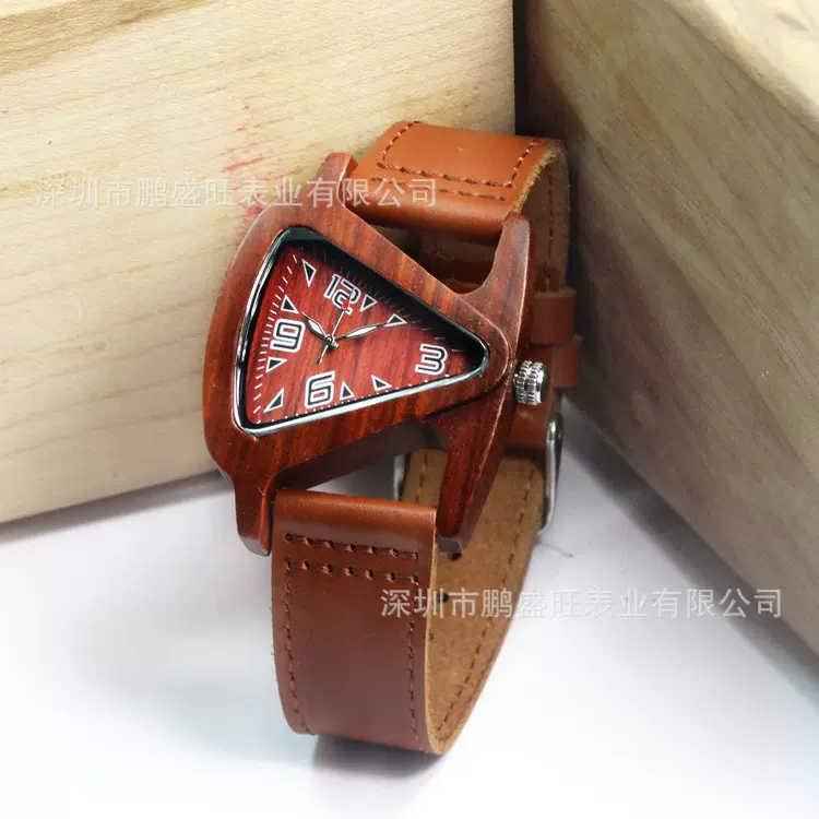 创意彩色三角形手表 电子石英表疯马牛皮带木制手表加厚皮带2035