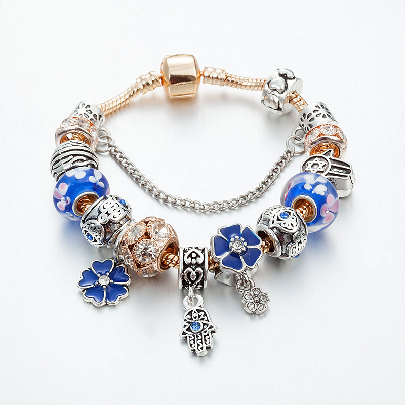 Cross-border Special for Bracelet Blue Oil Drop Flower Beaded Hamsa Fatima Palm Pendant Bracelet Wholesale