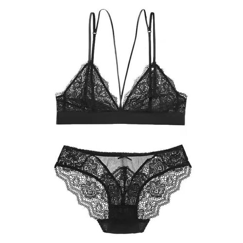 Dropshipping French sexy triangle cup sexy ultra-thin wire-free underwear hollow lace breathable bra set