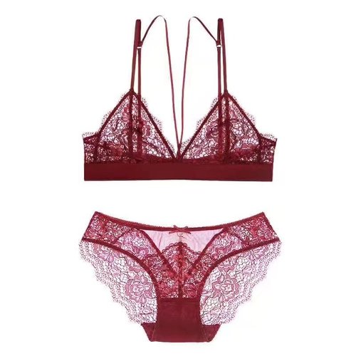 Dropshipping French sexy triangle cup sexy ultra-thin wire-free underwear hollow lace breathable bra set