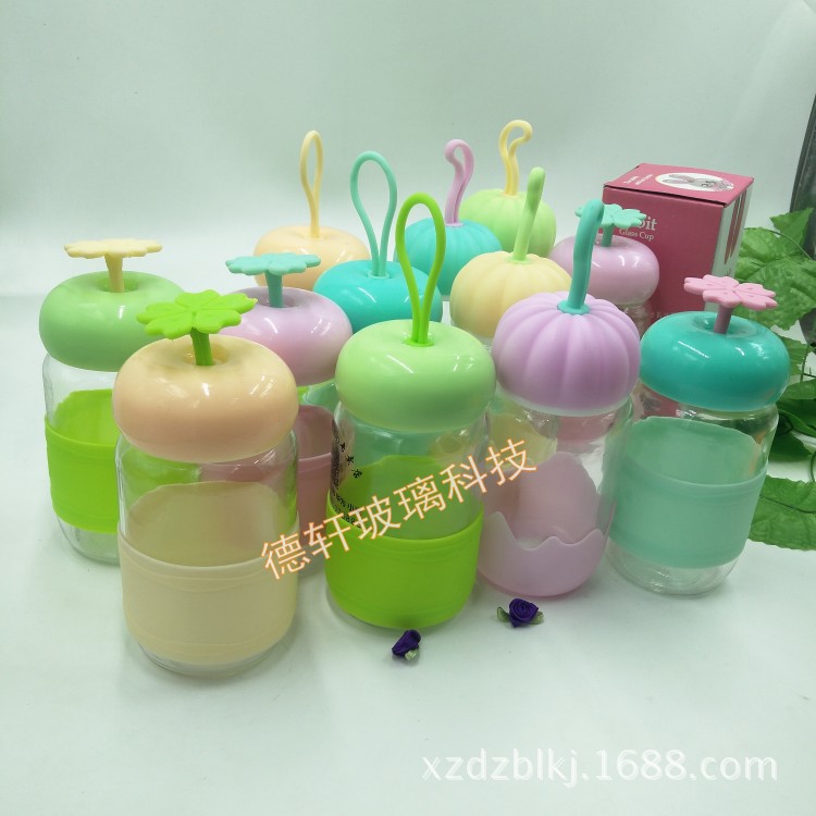 批发玻璃水杯防烫手硅胶套耐热 礼盒 便携可爱卡通随手杯 可logo