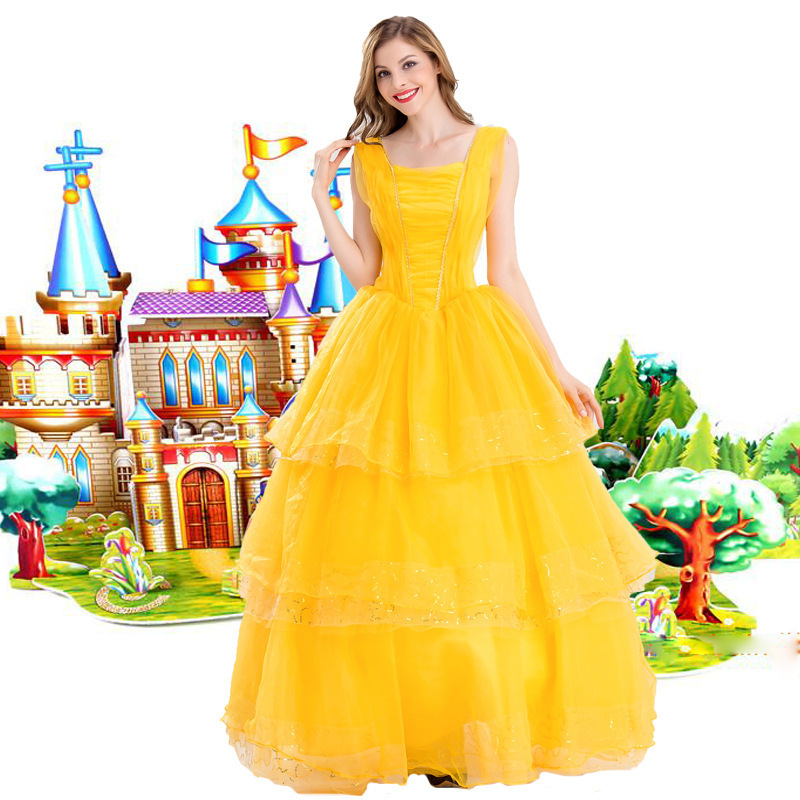 Golden Cinderella Belle Princess Dress Ds Costume Fairy Tale Adult Uniform Halloween Prom Costume