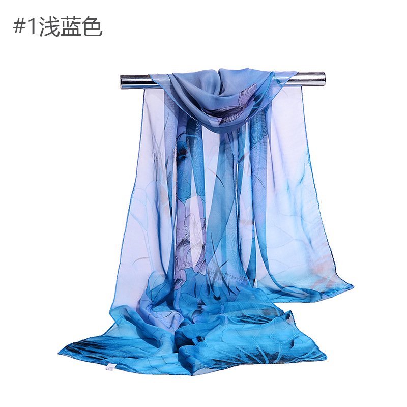 荷花雪纺丝巾围巾披肩女印花夏季防晒纱巾围巾丝巾女外贸款