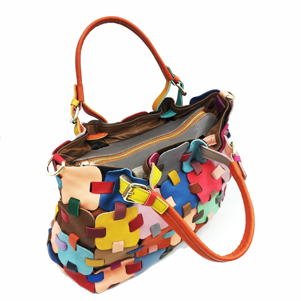 Fashionable women's handbags handmade patchwork square handbags, crossbody bags, colored genuine leather bags for women_voghion.com