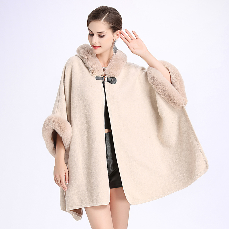 2023 New Autumn and Winter Shawl Imitation Fur Collar Hooded Double-Sided Nylon Cardigan Cape Shawl Cape Jacket for Women 1108 # 2023 New Autumn and Winter Shawl Imitation Fur Collar Hooded Double-Sided Nylon Cardigan Cape Shawl Cape Jacket for Women 1108 #