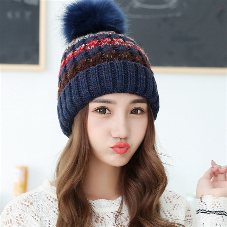秋冬新款韩版女士帽子保暖毛线帽 加绒加厚大毛球混色针织帽子