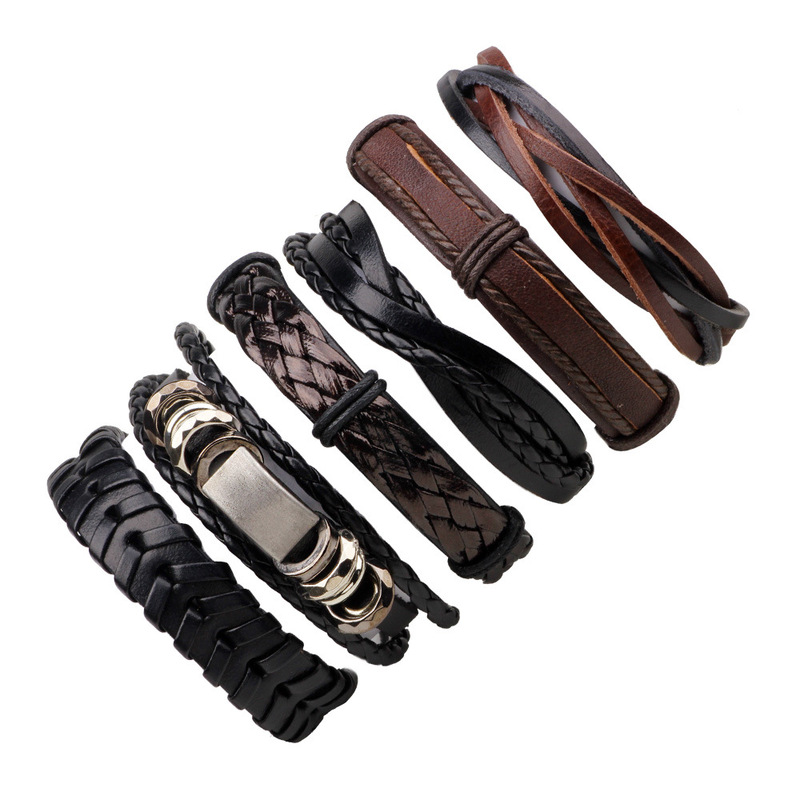 European and American simple retro woven cowhide bracelet metal brand trendy men's hand rope leather multi-layer suit bracelet bracelet jewelry