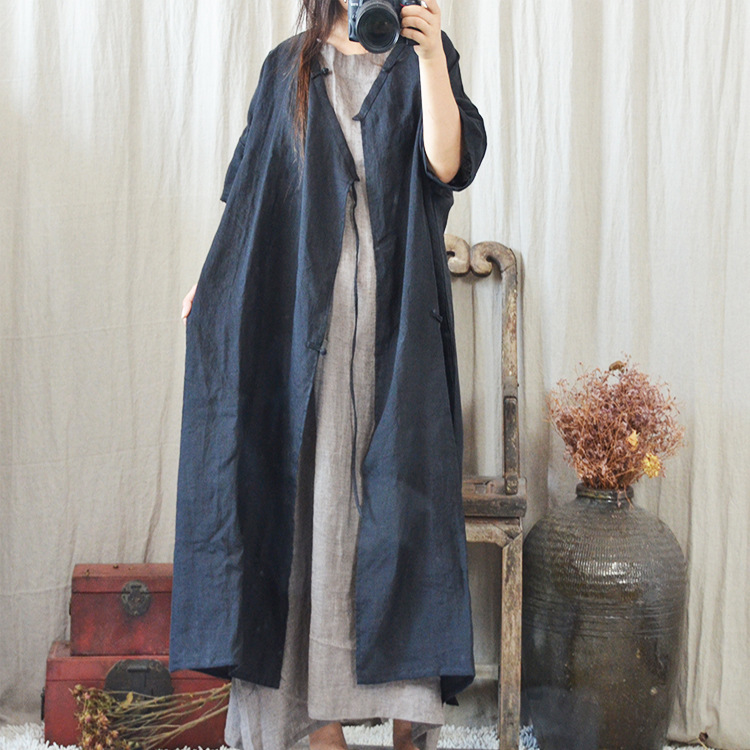 Original Cotton and Linen Dress, Artistic Long Skirt, Slanted Cardigan Robe, Handmade Buttons, Cotton and Linen Women's Clothing