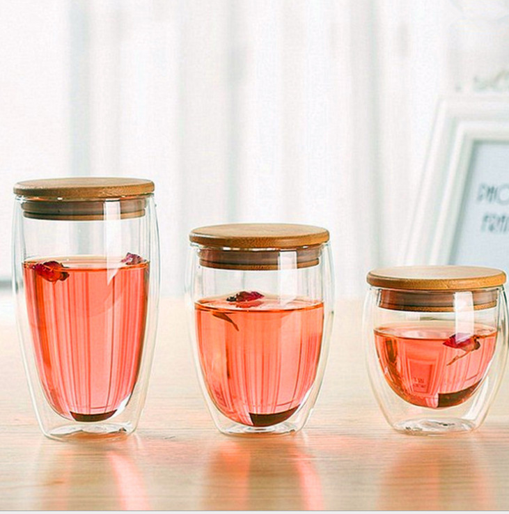 Cobertura de bambú vidrio transparente copas de doble capa copas de pareja vidrio de alto aislamiento de borosilicano casero vidrio de desayuno de leche