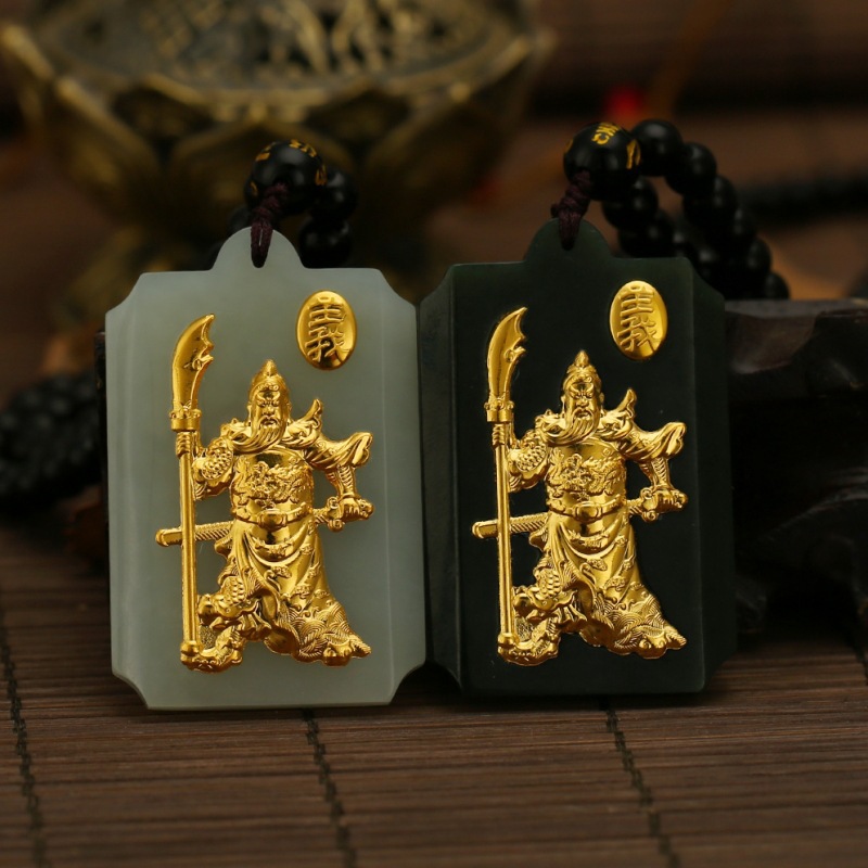 金镶玉批发 义字关公吊坠 足金镶和田玉男款白玉墨玉方牌玉坠挂件