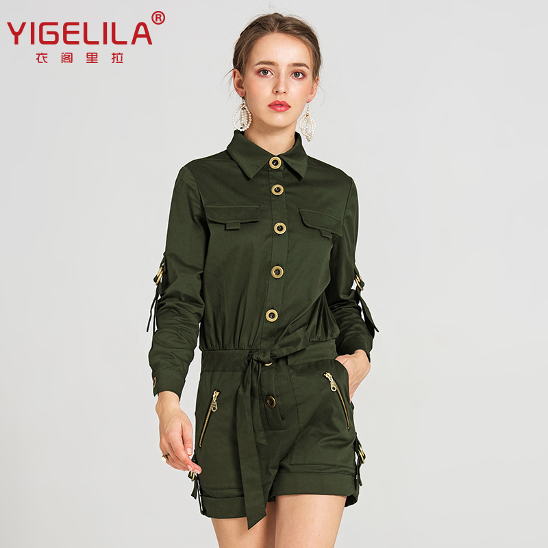 YIGELILA Summer New Elegant Shirt Collar Army Green Jumpsuit Women's High Waist Casual Shorts 5471