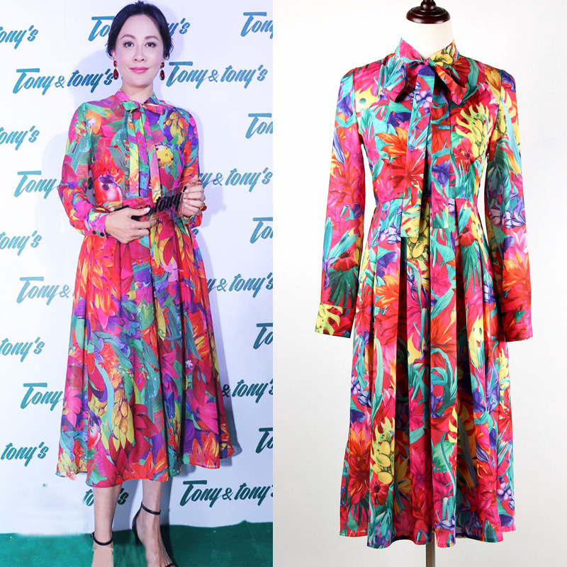High-Quality 2025 Spring and Summer Aliexpress European and American Fashion Printed Elegant Slim-Fit Mid-Length Dress for Women High-Quality 2025 Spring and Summer Aliexpress European and American Fashion Printed Elegant Slim-Fit Mid-Length Dress for Women