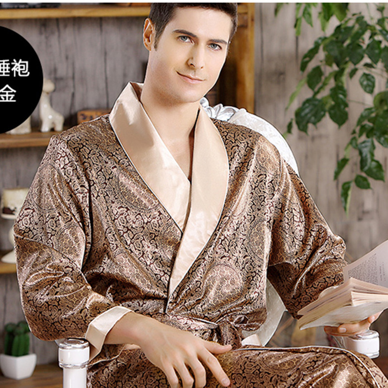 Men's Home Silk Nightgown Summer Thin Imitation Silk Long-sleeved Pajamas Men's Plus Size Foreign Trade Bathrobe