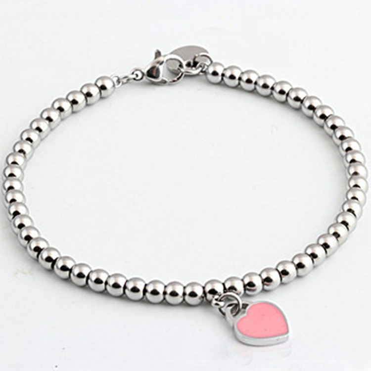 Big Brand Style Enamel Blue Classic Heart T-Brand Bracelet for Women, Stainless Steel Heart-Shaped Pendant, Round Bead Hand Jewelry Big Brand Style Enamel Blue Classic Heart T-Brand Bracelet for Women, Stainless Steel Heart-Shaped Pendant, Round Bead Hand Jewelry