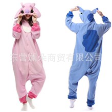厂家批发卡通动物连体睡衣蓝色布丁史迪仔摇粒绒情侣居家服儿童款