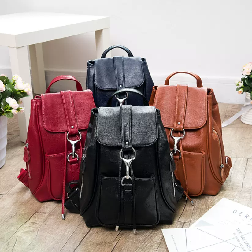 2025韩版牛皮女士休闲双肩包时尚百搭软皮背包 真皮女包大包代发