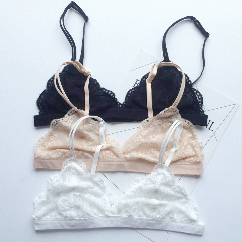 Ultra thin wireless lace bralette, thin straps, removable pads, S–L (70–80 ABC)