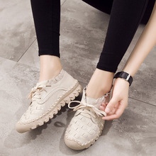 2025秋季新圆头款真皮女单鞋休闲低跟平底鞋透气编制女鞋一件代发