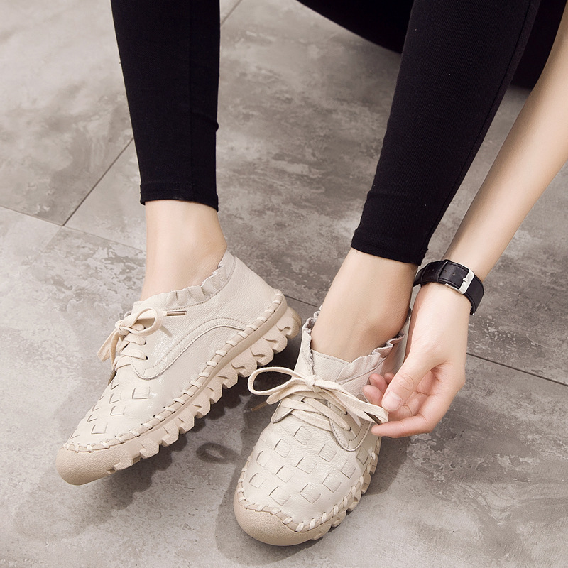 2025秋季新圆头款真皮女单鞋休闲低跟平底鞋透气编制女鞋一件代发