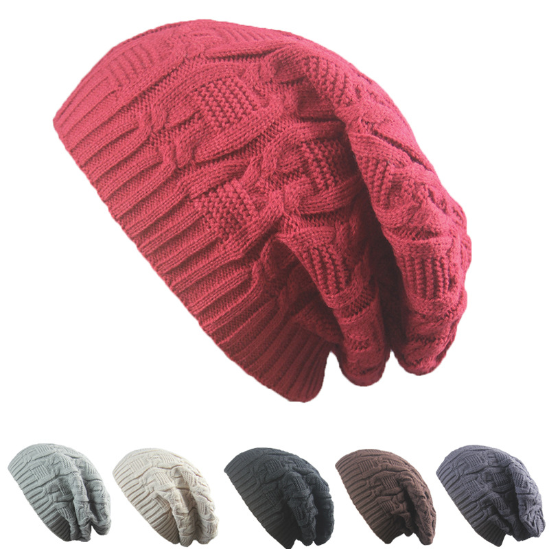 外贸厂家时尚男女秋冬加厚双层 大麻花针织毛线帽子堆堆帽保暖