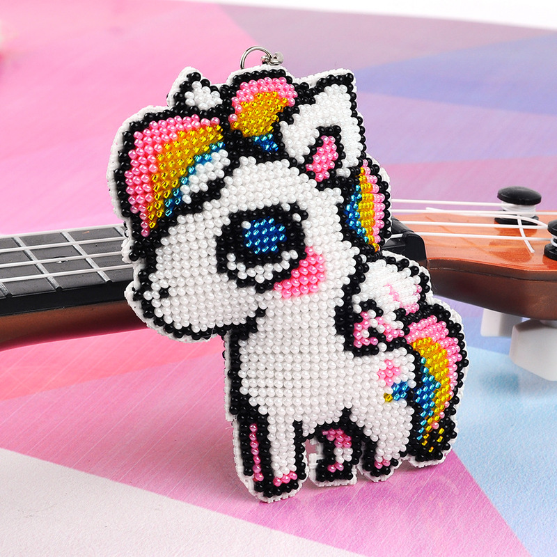 Unicorn Cross-Stitch Full Bead Embroidery Keychain Bag Pendant Peace and Blessing White Dragon Horse Grass Mud Horse Printing Material Package