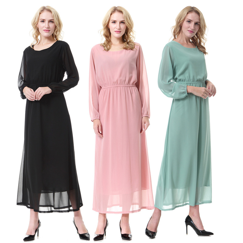 Factory In-Stock Round-Neck Chiffon Long-Sleeve Ankle-Length Women's Long Dress, Th918