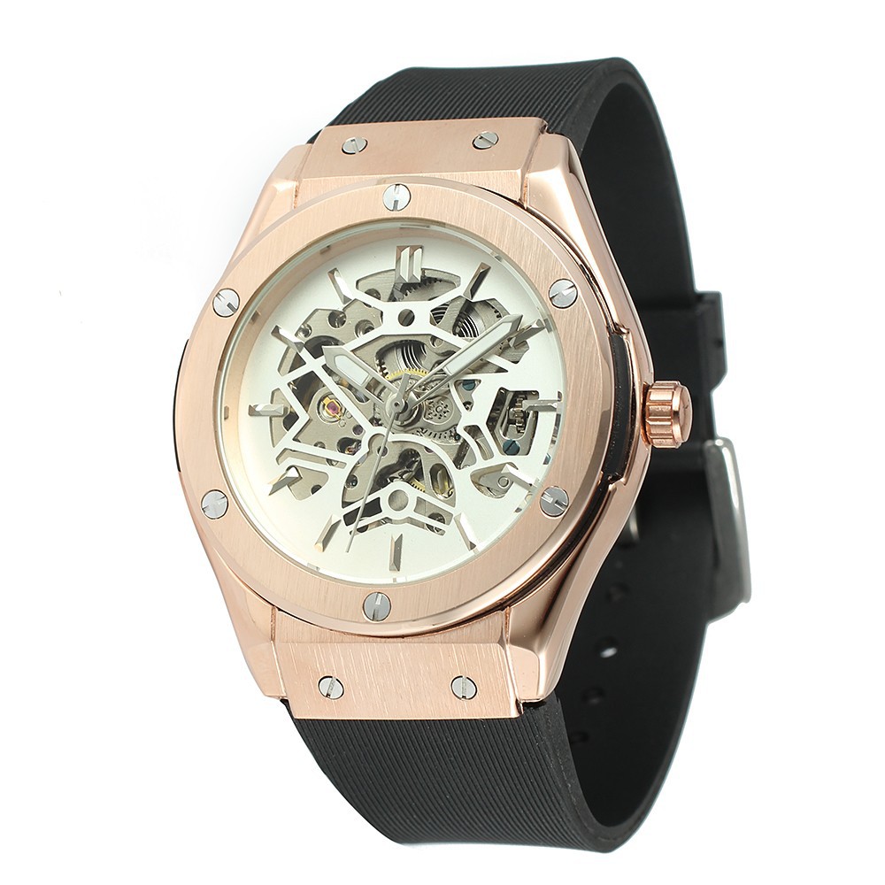 Forsining europea y americana cinta hombres reloj mecánico moda casual hueco-hacia fuera transparente completo automático reloj mecánico