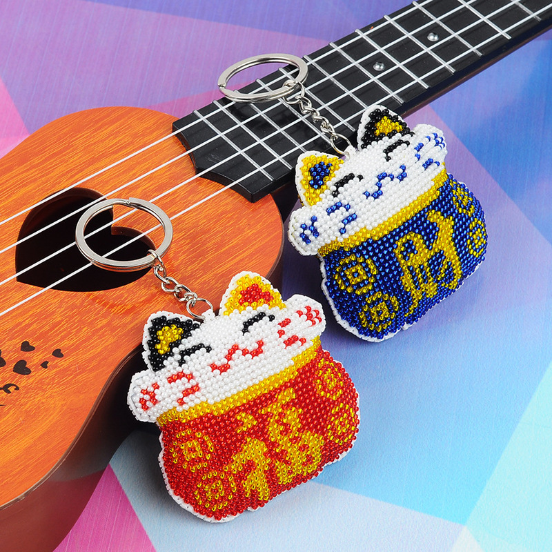 Printed small fortune cat red and blue fortune cat key chain backpack pendant full of beaded stitch cross stitch handmade material bag