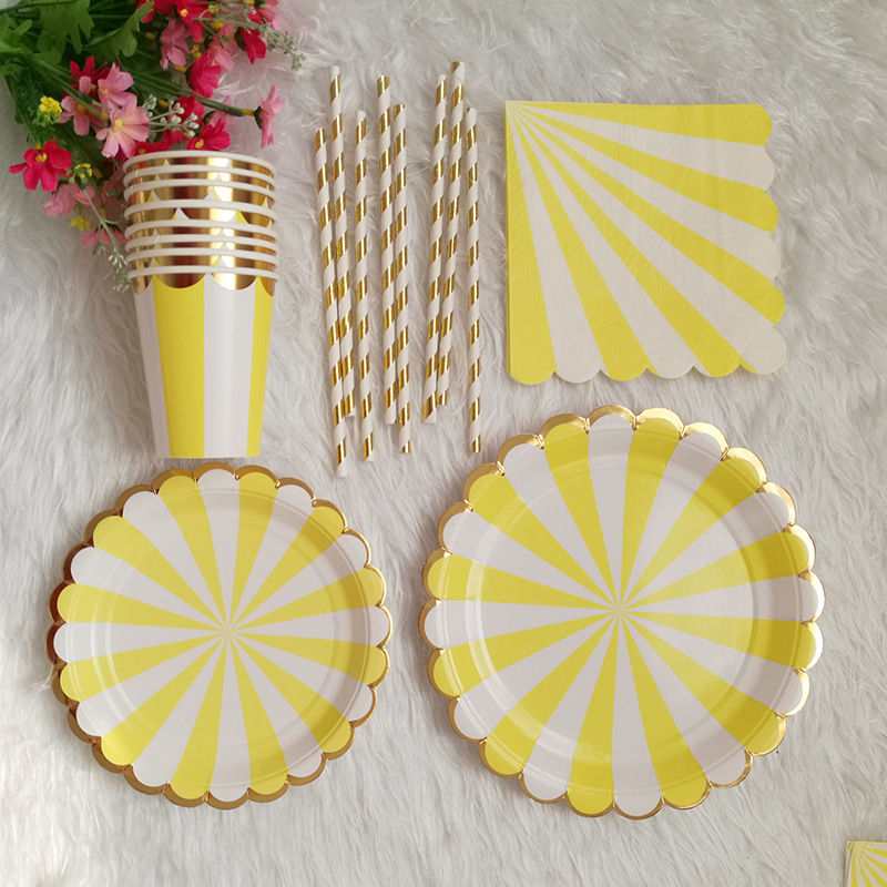 Birthday Party Dress-up silver Tableware Package Disposable Striped Hot Silver Edge Paper Tray Paper Cup Paper Towel Paper Tray