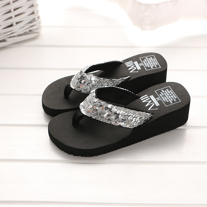 thumbnail image 1 of Zapatillas de verano con lentejuelas, chanclas de cuña, zapatillas de casa para mujer, sandalias, zapatillas de playa, 1 of 6