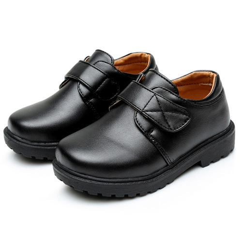 Children's leather shoes for boys, black and white with Velcro straps, school casual etiquette performance round leather shoes
