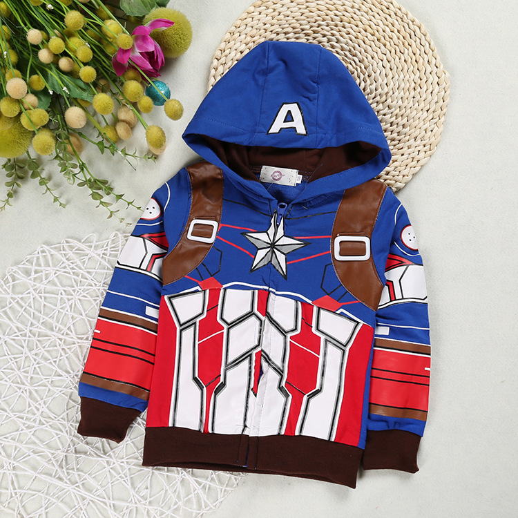 Children's spring and autumn cartoon Captain coat European and American fashion boys hooded long sleeve zipper shirt wholesale agent