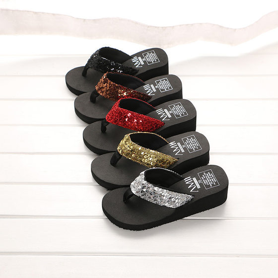 New Summer Sequin Slippers Wedge Flip Flops Women Home Slippers Wholesale Sandals Slippers Beach Slippers