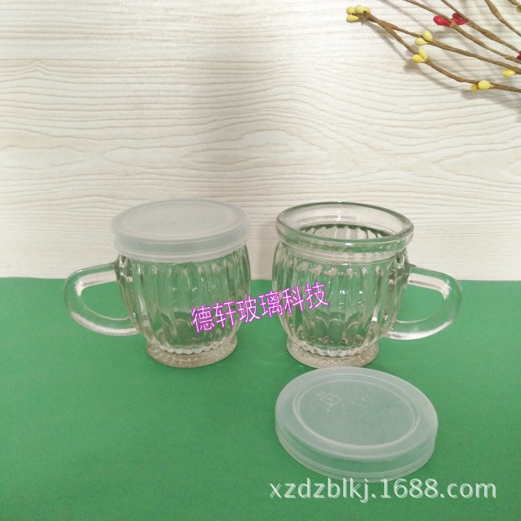 批发创意新款布丁玻璃杯 竖条纹把子布丁瓶 酸奶杯带盖把子咖啡杯