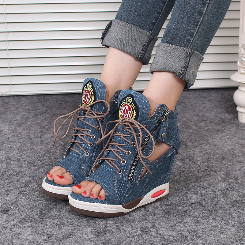 European and American fashion personalized muffin height thick-soled casual denim lace-up fish-mouth shoes for women