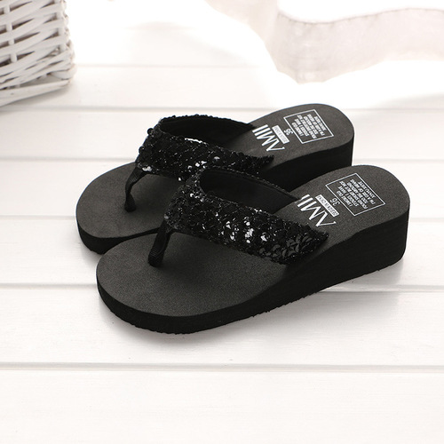 Wholesale Beach Shoes & Slides for Summer Ladies Slope Heel Glitter Herringbone Slides