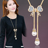 Long sweater with bow, chain, crystal with tassels, pendant, necklace, clothing, accessory, simple and elegant design, wholesale