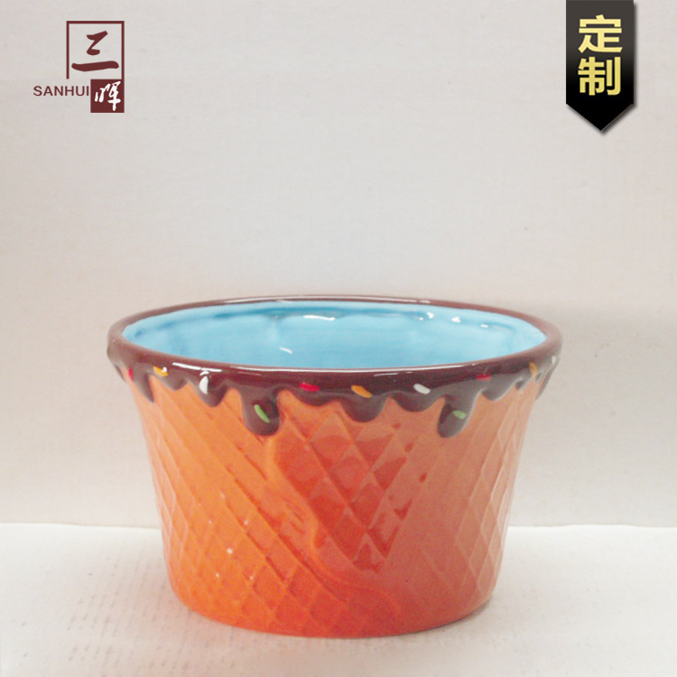 手绘白云土冰激凌碗 个性创意陶瓷白云土早餐碗沙拉碗 定制陶瓷碗