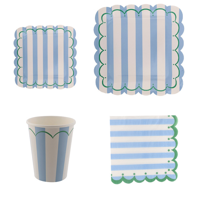Korean Style New Birthday Party Supplies Disposable Tableware Square Plate Paper Tray Paper Cup Blue Wave Edge Cake Plate