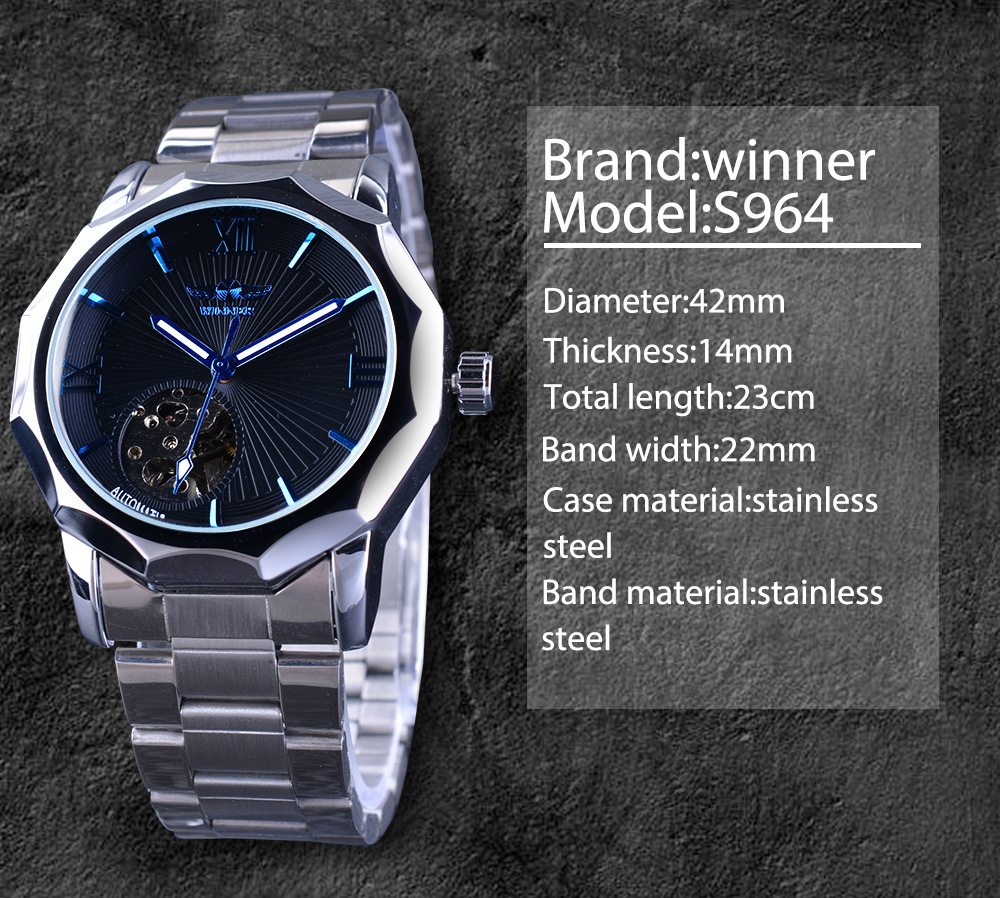 Ganador de los hombres de moda casual elegante hueco transparente completo-automático reloj mecánico de moda polígono dial