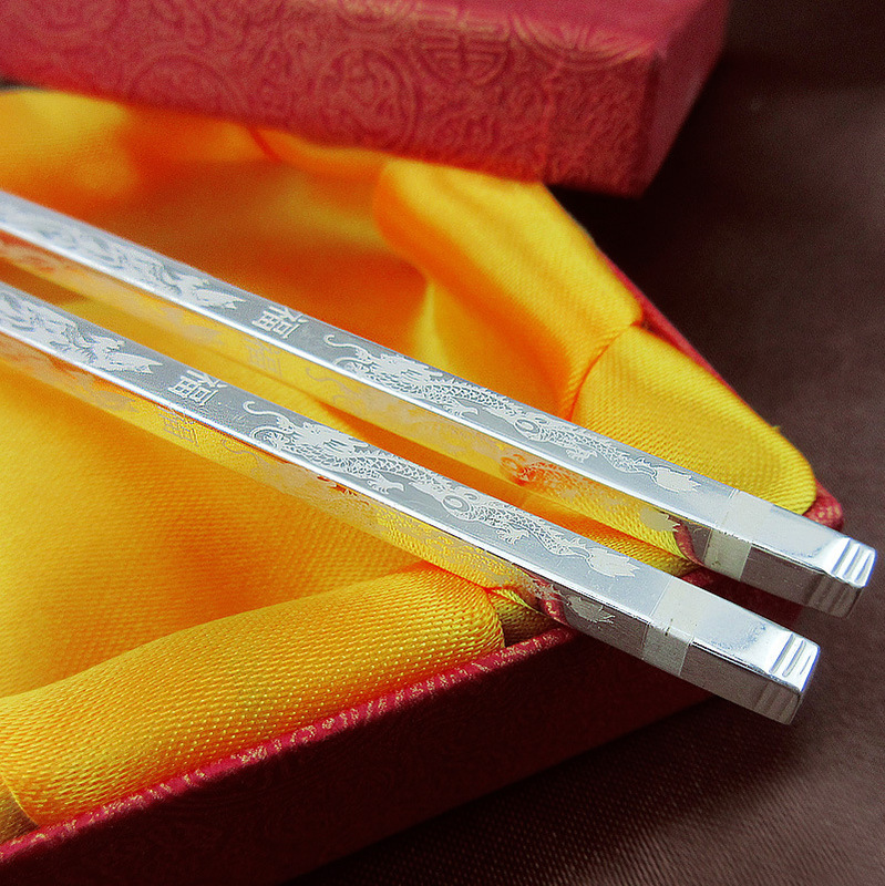 Dragon and Phoenix Chengxiang Blessing Square Chopsticks S999 Foot Silver Tableware Solid Square Sterling Silver Chopsticks Silver Chopsticks Household Wedding Ceremony