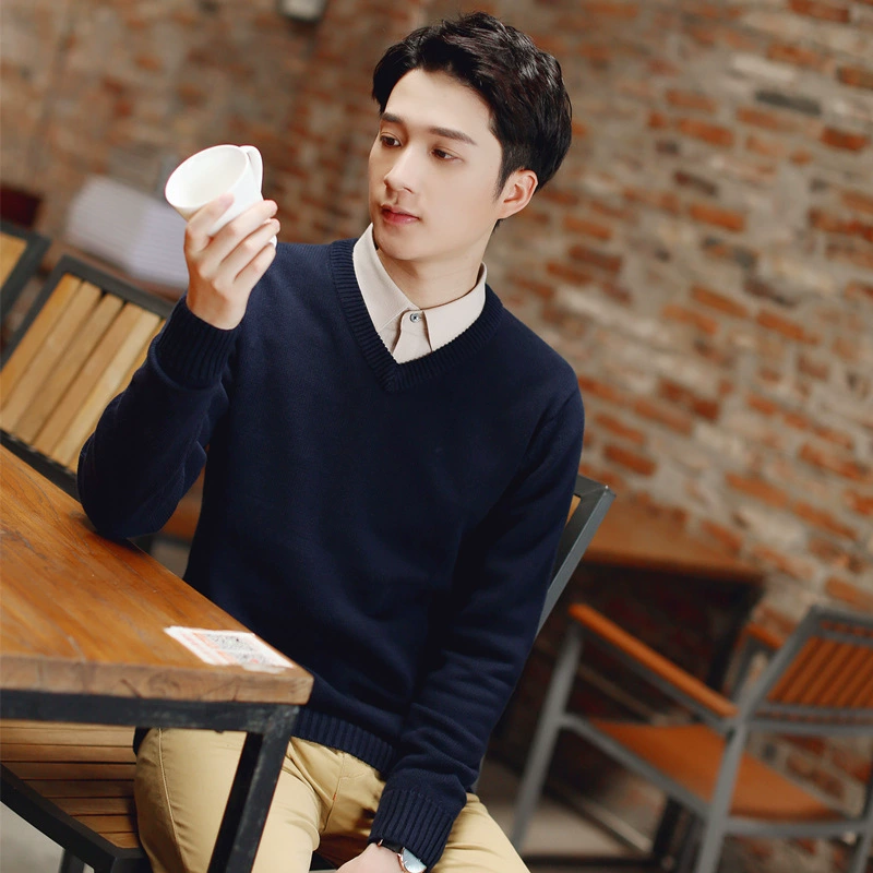 Мужской осенне-зимний мужской свитер с V-образным вырезом, мужской однотонный Повседневный приталенный пуловер, Базовая рубашка, трикотажная рубашка, куртка