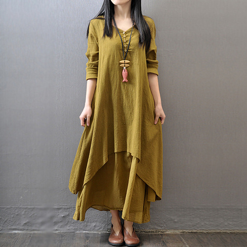 2025 Spring and Autumn Holiday Two-piece Long Skirt Literary Large Spoken Line Dress Loose Long Sleeve Cotton and Line Skirt