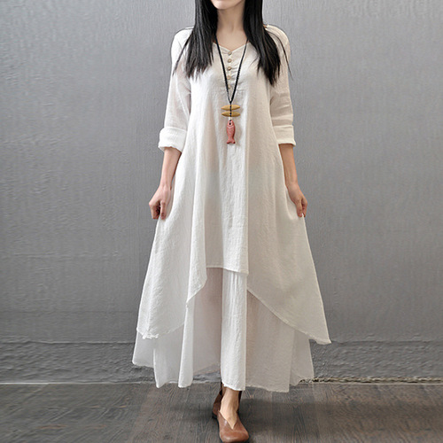 2025 Spring and Autumn Holiday Two-piece Long Skirt Literary Large Spoken Line Dress Loose Long Sleeve Cotton and Line Skirt