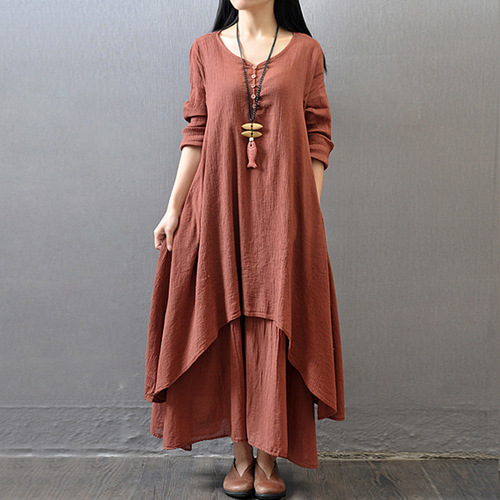 2025 Spring and Autumn Holiday Two-piece Long Skirt Literary Large Spoken Line Dress Loose Long Sleeve Cotton and Line Skirt