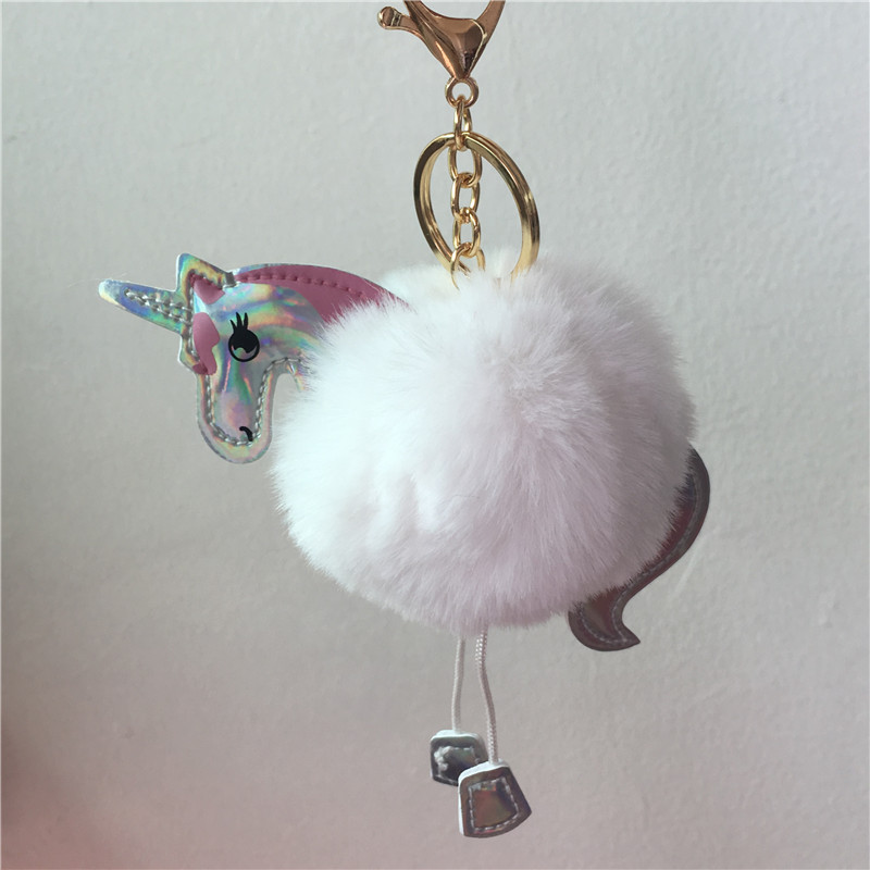 Llavero unicornio imitación Rex conejo piel bola colgante pu cuero dibujos animados pony felpa llavero colgante bolso de las mujeres