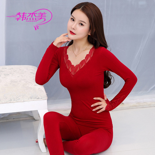 One piece drop shipping V-neck embroidered lace body shaping autumn clothes and autumn trousers set for women thermal underwear set 897