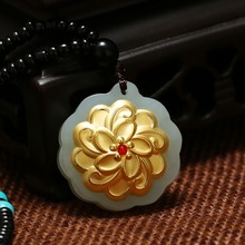 3D金镶玉 4D足金镶和田玉 宝石太阳紫荆花女款吊坠 厂家金玉批发