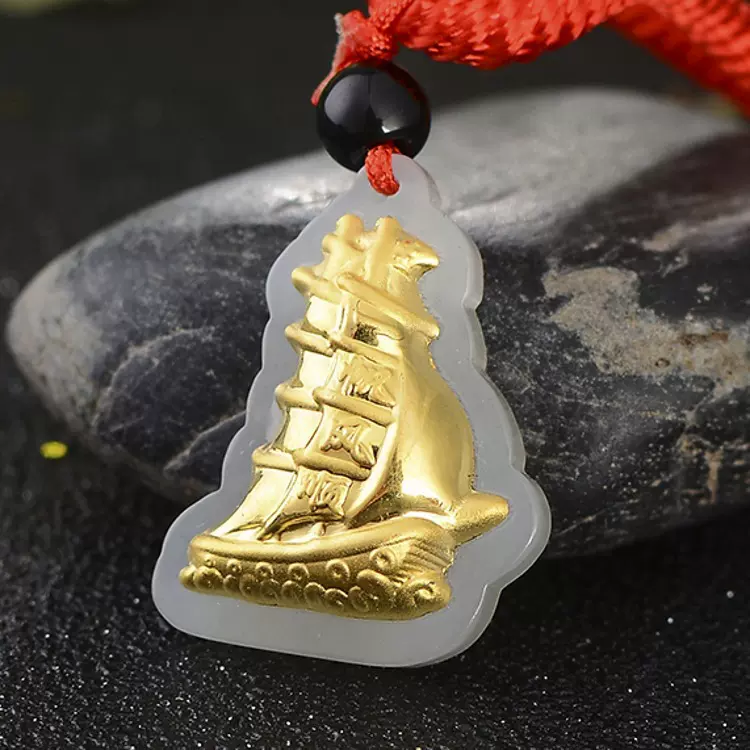 3D金镶玉 和田玉镶金 4D足金和田玉一帆风顺小船吊坠玉器厂家批发