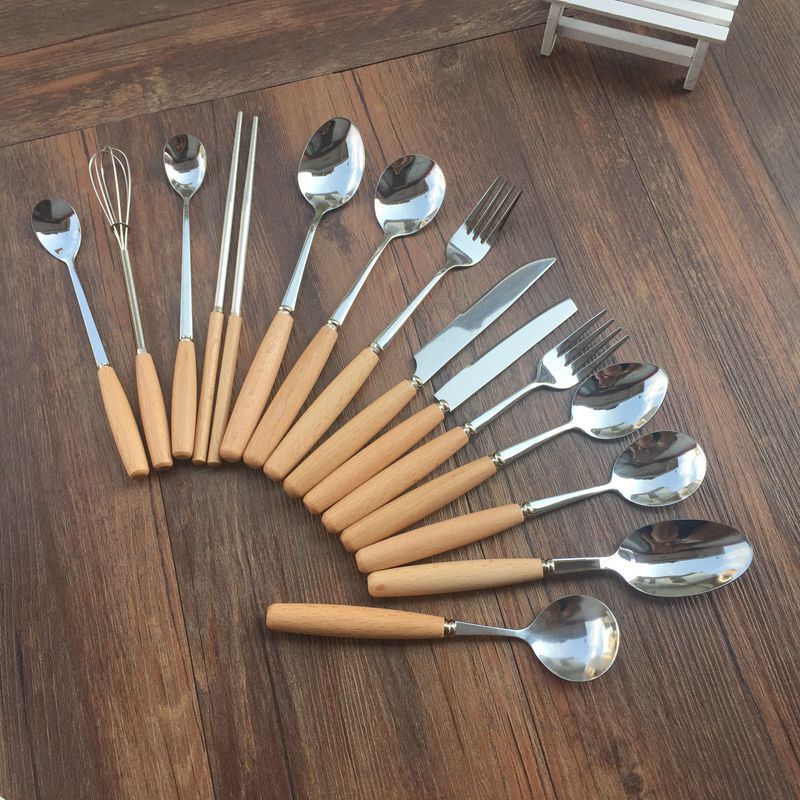 Japanese and Korean Beech Wood Handle Stainless Steel Cutlery Set Three-Piece Portable Spoon, Fork, and Chopsticks Gift Cutlery with Logo